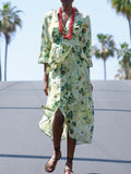 Fongt Tea Wind 2025 Spring New Fashion V-Neck Small Fresh Green Printing Belt Decorative Dress