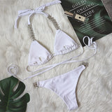 Fongt New Bikini Bandage Cross Bikini Solid Color Metal Diamond Swimsuit Sexy Female