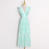 TWOTWINSTYLE Solid Sexy Dress For Women V Neck Butterfly Sleeve High Waist Patchwork Lace Slimming Dresses Female 2022