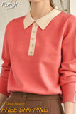 Lady Polo-Neck Long Sleeve Button Knitted Pullovers for Women 2023 New Bottoming Shirt Women's Clothing Korean Top