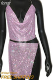Women Sparkly Rhinestone Sexy Two Piece Set 2023 New Low Cut Sleeveless Halter Backless Party Top Split Empire Mini