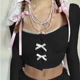 Sweet Wind Bowknot Stitching Long-Sleeved Ins Internet Celebrities Slim Thin Lace Pleated Short Navel Blouse-Outfit