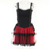 Dark Harajuku Gothic Aesthetic Women Mini Dresses Punk Grunge Mesh Patchwork A-line Dress Sexy Lace Up Bodycon Alt