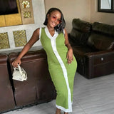 Fongt Collising Thread Single-Dlong V-Neck Sleeveless Elastic Knitted Mid-Long Dress