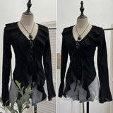 Dark Wind To Make Old Hole Horn Long Sleeve Open Shirt Tie With Lotus Leaf Side V Collar Sunscreen Shirt