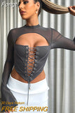 Mesh Patchwork Lace Up Corset T-Shirt Women Flare Long Sleeve Cut Out Tee Shirt 2023 Spring Fall Harajuku Y2K