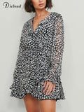 Summer Dresses For Women 2022 Black Print V-neck Long Sleeve Chiffon Ladies Dress Party Elegant Casual Office