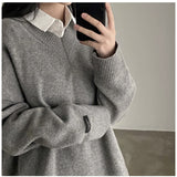 Dark Academia Solid Color V-Neck Pullover Sweater-Outfit