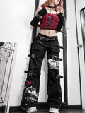 Fongt Cloth Forget Autumn Dark Black Personality Street Pocket Open Fork Straight Pants Print Casual Denim Hanging Trousers