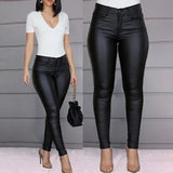 Fongt Women's Pants Solid Color PU Leather Pants Sexy Small Foot Pants Spicy Trousers High Waist Thin