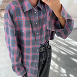 Fongt Style Versatile Lapel Loose Shirt 2024 Spring And Autumn Plaid Long Sleeve Pocket-Outfit