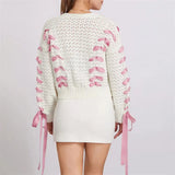 White Pink Ribbon Lace Up Sweater Cardigan-Outfit