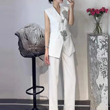 Fongt Sets Of 2025 Autumn And Winter New Sleeveless Nail Drill Flower Top High Waist Broad Leg Trousers Set Woman
