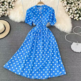 Fongt Summer French Retro Skinny Bubble Short-Sleeved V-Neck A-Shaped Dress Elegant Temperament Long Dress