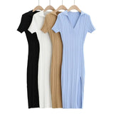 New Spring Temperament Slim Polo Neckline Elastic Knitted Short-Sleeved Side Forked Dress-Outfit