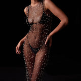 Fongt Spring And Summer Explosion Of Women's Net Yarn Beads Perspective Sexy Burqa Long