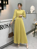 Fongt Ripe Wind High Waist Round Collar Dress Spring And Autumn New Temperament Solid Color To Show Thin Waist Swing 100 Rhetum Long Skirt