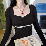 Sweet And Spicy Wind, Bow Tie, Lace, Lace, Short-Sleeved T-Shirt, Summer Square Collar, Slim Blouse-Outfit