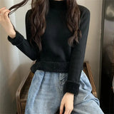 Women's Fall Winter Thicken Slim Sweater Casual Mock Neck Plus Velvet Knitted Tops Warm Soft Jumper Basic Knitwear Jumper