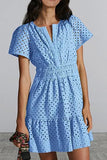 Fongt Women's V-Neck A-Shaped Hollow Lace Folded Short-Sleeved Mini Dress