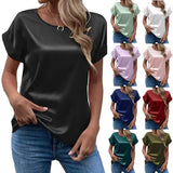 Women's Short-Sleeved Satin Shirt Loose Casual Round-Collar Satin T-Shirt Women's Spring / Summer 2024 New Style-Outfit