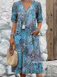 Fongt New Printed Summer V-Neck Casual Holiday Bag Dress Home Clothes Women