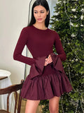 Ruffled Patchwork Long Sleeve Mini Dress-Outfit