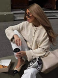 New Autumn / Winter Loose Casual All False Pocket Round Collar Sweater Button Cardigan Women's Wear-Outfit