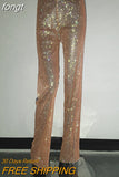 See Through Shiny Rhinestone Pants Women Hollow Out Fishnet High Waist Elastic Floor Length Pant Rave Nightclub