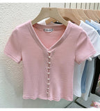 T Shirts Women V-Neck Pearl Buttons Cropped Tshirt Tee Lady Solid Slim Cardigan Crop Top for Female-Outfit