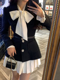 Elegant Party Mini Dress Women Winter Bow Sweet Korean Style Pleated Dresses France Vintage Two-piece Dress and Coat 2023 703-1-Outfit