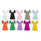 Fongt New Spring 2023 Square Collar Solid Color Versatile Bubble Sleeve Back Band Open Back Dress-Outfit