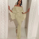 Fongt New Back Big Flounce Wrapped Chest One-Word Shoulder Dress Blingbling Wrap Buttock Slit Evening Dress-Outfit