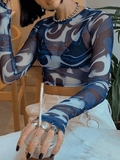 Mesh Long Sleeve Marble Print Crop Top-Outfit