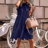 Fongt Summer Leisure Leisure Loose Sleeveless Pressure Pleated Stitching Solid Color Large Swing Round Collar