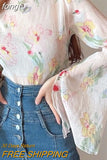 Sleeve T-shirts Women Print Crop Tops Sweet Aesthetics Design Slit Temper Vintage Elegant Sun Proof Y2k Clothes