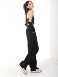 Five Pointed Star Straight Women Black Jeans European and American Style Design High Waist Wide Leg Length All Match