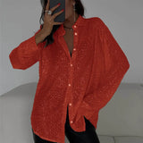 Fongt 2025 New Pearl Blouse Collared Long-Sleeved Sleeve-Jersey Basic Women's Shirt