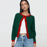 Contrast O-neck Single Breasted Long Sleeve Cardigan-Outfit