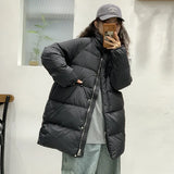 Pinghu Down Jacket Female 2024 Winter New Thickened Stand Collar Long Button Warm White Duck Down Coat Tide-Outfit