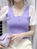 Fashion Lace V-neck Hollow Out Patchwork Button Shirt New Summer Autumn 2023 Long Sleeve Pullovers Women's Clothing