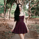 Girls Red Plaid Pleated Emo Alt Dress Y2K Zip Up Robe Femme Punk Black Spaghetti Strap Mini Short Jurken Goth