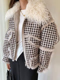 2023 Autumn Winter Faux Lamb Fur Sheepskin Coat Plaid Granular Sheep Shearing Jacket Female Casual Warm