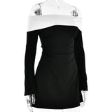 Off-Shoulder Color Block Long Sleeve Mini Dress-Outfit