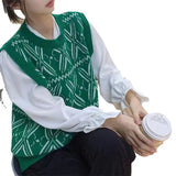 Jacquard Rhomboid Knitted Vest Women's Spring And Autumn 2024 New Style Folded Sweaters And Horse Clips-Outfit