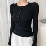 Spring Thin Cotton T-shirts Tees Women's Elastic Slim Solid Soft Semi-transparent O-neck Tshirt Top Real Photos-Outfit