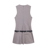 Fongt Women's Clothing 2025 Autumn And Winter New Waist Bandwidth V-Neck Sleeveless Checker Mini Dress