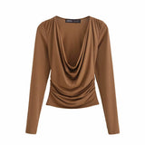 Fongt Autumn New Women's Simple Folded Long-Sleeved Folded T-Shirt