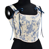 Fongt French Orchid Print With Fish Bone Corset Short Vest Bustier Crop Early Spring New