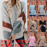 Fongt New Sweater Women Autumn And Winter Explosion Chicken Heart V Neck Lantern Sleeve Striped Knitted Shirt